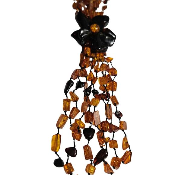Baltic Amber Flower Statement Necklace Huge Bead Four Strand Tassel Cognac Brown - Picture 6 of 7
